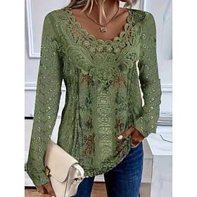 Top femme en dentelle splicing floral vintage basique décontracté à manches longues col en V hauts réguliers imprimé quotidien patchwork dentelle vert printemp