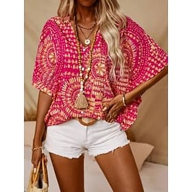 Women's Blouse Print Floral Graphic Bohemia Vintage Casual 3/4 Length Sleeve V Neck Regular Tops Daily Black Red Orange Green Summer Spring Fall