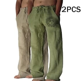 Men's Linen Pants Trousers Summer Pants Baggy Pants Beach Pants Drawstring Elastic Waist Straight Leg Graphic Sun Soft Outdoor Full Length Outdoor Home Casual