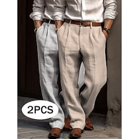 Men's Linen Pants Trousers Dress Pants Summer Pants Pleated Pants Front Pocket Straight Leg Multi-pack Plain Comfort Breathable Full Length Outdoor Casual Dail