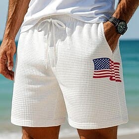 Independence Day Men's US Flag Patriotic Waffle Shorts Sweat Shorts Casual Shorts Mid Waist Fashion Casual Vacation Jogging Workout Elastic Drawstring Waist Sh