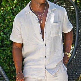 Men's Shirt Linen Shirt Summer Shirt Beach Wear Button Up Shirt Seersucker Shirt Solid Color Vacation Street White Pink Khaki Short Sleeves Shirt Collar Summer