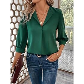 Women's Blouse Solid Color Elegant Stylish Basic 3/4 Length Sleeve Shirt Collar Regular Tops Office Work Black Wine Green Summer Spring Fall