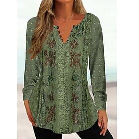 Women's Tunic Shirt Henley Shirt Blouse Tunic Basic Floral Buttons Print Long Sleeve Regular Tops Round Neck Casual Holiday Yellow Pink Green Gray Light Blue S