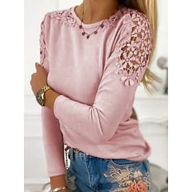 Women's Lace Shirt Lace Patchwork Solid Color Stylish Casual Long Sleeve Crew Neck Regular Tops Daily Blue Black Pink Gray Summer