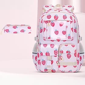 Girls Strawberry Print School Backpack, Cute Large Capacity Bookbag for Elementary Kids Daily School Use