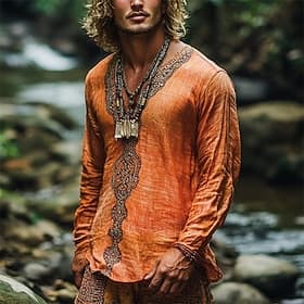 Men's Linen Shirt Summer Shirt Vintage Shirt Ethnic Shirt Long Sleeve Shirt Boho Vacation Street Orange Long Sleeve V Neck Summer Spring Clothing Apparel Ethni