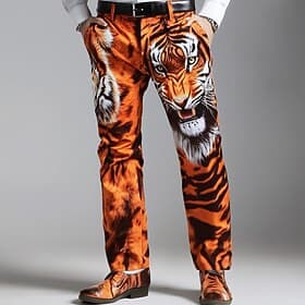 Men's Animal Tiger Dress Pants Trousers Suit Pants Mid Waist Vintage Retro Vacation Casual Regular Fit Flat-Front Straight Leg Pants with Pockets Summer Spring