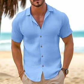 Men's Shirt Linen Shirt Summer Shirt Beach Wear Button Up Shirt Plain Vacation Casual Black Pink Blue Green Short Sleeve Camp Collar Summer Clothing Apparel Fr
