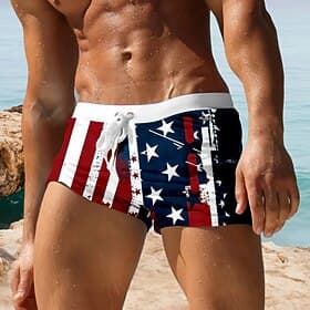 Independence Day Men's US Flag Patriotic Fourth of July Swim Trunks Swim Shorts Board Shorts Mid Waist 3D Print Hawaiian Holiday Drawstring with Mesh lining El