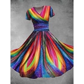 Women's Midi Dress A Line Dress Summer Dress Fit And Flare Dress Party Casual Daily Holiday Regular Fit Graphic Geometric Color Block Short Sleeve V Neck Yello