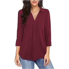 Women's Popover Shirt Summer Shirt Casual Shirt Blouse Ruched Solid Color Elegant Stylish Basic 3/4 Length Sleeve Turndown V Neck Regular Tops Daily Outdoor Ho
