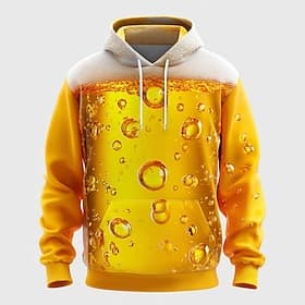 Oktoberfest Men's 3D Print Beer Hoodies Sweatshirt Cool Party Casual Long Sleeve Crew Neck Hooded Club Streetwear Light Yellow White Yellow Drawstring Graphic
