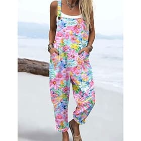 Women's Dungarees Active Floral Sleeveless with Pocket Daily Beach Loose Fit Blue Pink Green Summer