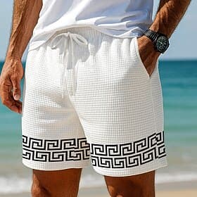 Men's Greek Key Waffle Shorts Sweat Shorts Casual Shorts Mid Waist Fashion Casual Vacation Jogging Workout Elastic Drawstring Waist Shorts with Pockets Designe