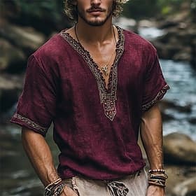 Homme Chemise en lin Chemise d'été Chemise vintage Chemise à manches courtes Chemise ethnique Patchwork Vacances Rue Fuchsia Manche Courte Col en V Été Vêtemen