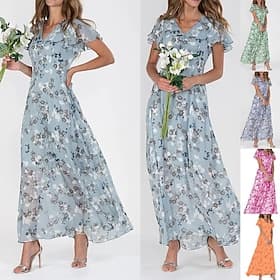 Femmes Robe Midi Robe de Cocktail Robe en Chiffon Robe Fleurie Robe Imprimée Mode Moderne Extérieur Vacances Fête du thé Coupe régulière Fleur Manche Courte Co