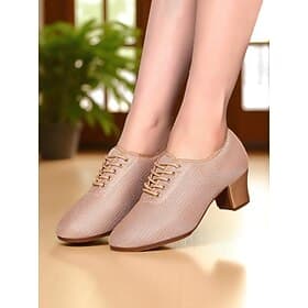 Scarpe da ballo da sala da donna con lacci in rete e tacco basso, traspiranti, calzature professionali per l'allenamento, per spettacoli di latino e valzer