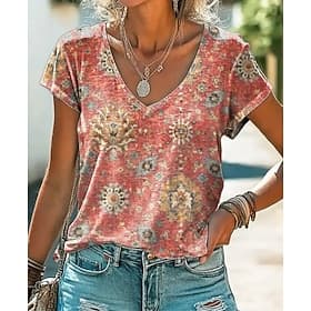Women's T Shirt Print Floral Graphic Paisley Vintage Stylish Classic Short Sleeve V Neck Regular Tops Daily Black Yellow Pink Red Purple Summer Spring