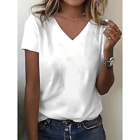 Women's 100% Cotton T Shirt Fashion Basic Casual Short Sleeve V Neck Regular Tops Daily Black White Gray Spring, Fall, Winter, Summer