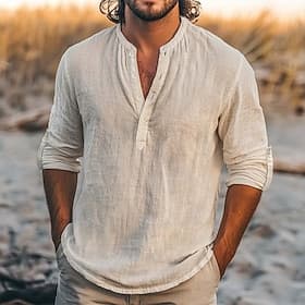 Men's Shirt Linen Shirt Summer Shirt Beach Shirt Solid Color Vacation Casual Black White Light Blue Long Sleeve Henley Clothing Apparel Multiple Pockets