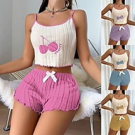 Damen Schlafanzug Set Lässig Komfort Kirsche Elastischer Bund Trägertop Shorts Heim Täglich Ärmellos Träger Gelb Rosa Blau Purpur Sommer Normale Passform