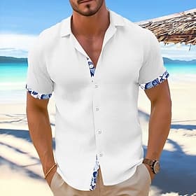 Men's Shirt Linen Shirt Summer Shirt Beach Wear Plain Vacation Casual Black White Pink Blue Short Sleeves Lapel Summer Spring Summer Clothing Apparel