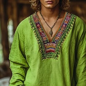 Homme Chemise Chemise en lin Style Viking Chemise popover Chemise d'été Tenue de plage Ethnique Vacances Occasionnel Vert manche longue Col en V Été Printemps