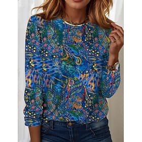 Dames T-shirt Casual Print Regular Tops Dagelijks Blauw Luchtaanval Blauw Lente Herfst