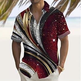 Men's Geometric Glitter Shine Line Shirt Summer Shirt Button Up Shirt Short Sleeve Fashion Casual Outdoor Vacation Dailywear Summer Spring Turndown 3D Print Co