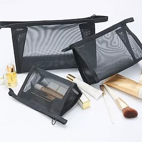 Lot de 3 trousses de maquillage en maille de nylon, grandes, moyennes et petites, portables, noires et transparentes, pour le rangement du rouge à lèvres et de
