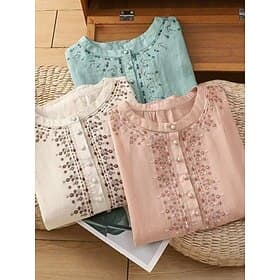 Women's Embroidered Buttons Solid Color Basic Casual 3/4 Length Sleeve Crew Neck Regular Tops Daily Blue Pink Apricot Summer