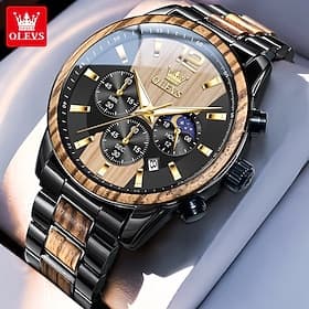 OLEVS 3645 Herren Uhr Top Marke Business originale Quarz Uhr massives Holz multifunktionale Chronograph Mondphasen Uhr