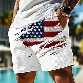 Independence Day Men's American US Flag Patriotic Fourth of July Waffle Shorts Sweat Shorts Casual Shorts Mid Waist Fashion Casual Holiday Festival Elastic Dra