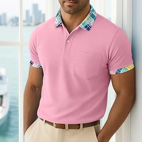 Men's Golf Shirt Casual Business Classic Short Sleeve Fashion Basic Solid Color Plaid Buttons Summer Spring Spring Fall Regular Fit White Pink Golf Shirt