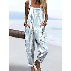 Damen Urlaub Blumen Overall Kordelzug Lässig Urlaub Lässiger Schnitt Dunkelmarine Himmelblau Orange Sommer