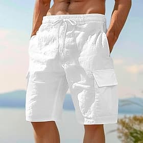 Men's Cargo Shorts Shorts Linen Shorts Summer Shorts Beach Shorts Drawstring Elastic Waist Multi Pocket Plain Knee Length Outdoor Beach Vacation Hawaiian Black