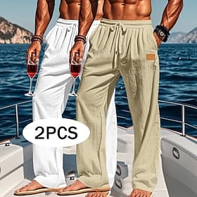 Homme Pantalons en Lin Pantalons Pantalon d'été Pantalons Amples Pantalons de Plage Cordon de serrage Taille Élastique Jambe Droite Uni Confort Respirant Longu
