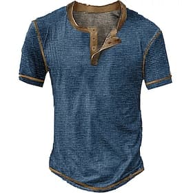 Men's Waffle Henley Shirt Tee Short Sleeve Plaid Checkered Fashion Designer Comfortable Buttons Henley Casual Daily Outdoor Summer Blue Black Yellow Henley T-S