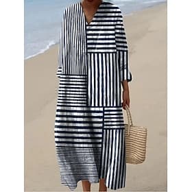 Women's Midi Dress V Neck Long Sleeve Kaftan Lightweight Loose Fit A Line Dress Casual Boho Going out Loose Fit Graphic Geometric Stripe Long Sleeve V Neck Ash