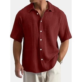 Men's Shirt Summer Shirt Beach Wear Button Up Shirt Solid Color Casual Vacation Blue Black White Wine Short Sleeve Shirt Collar Summer Spring Clothing Apparel
