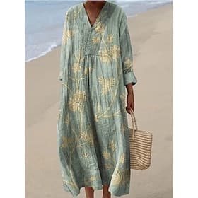 Damen Midi Kleid V-Ausschnitt Langarm Kaftan Leicht Lockerer Schnitt A-Linien Kleid Lässig Boho Party Ausgehen Floral Grafik Langarm V-Ausschnitt Schwarz Pink