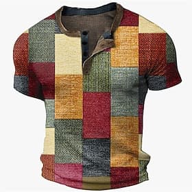 Men's Graphic Color Block Plaid / Check Waffle Henley Shirt Short Sleeve 3D Print Fashion Designer Basic Outdoor Street Daily Summer Blue Yellow Coffee Gray He