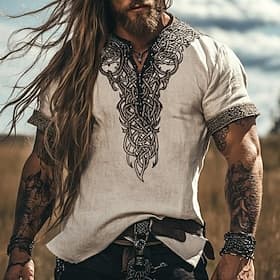 Men's Linen Shirt Popover Shirt Summer Shirt Vintage Shirt Short Sleeve Shirt Ethnic Shirt Patchwork Vacation Street Khaki Short Sleeve V Neck Summer Clothing