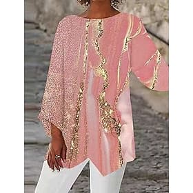 Women's Blouse Print Asymmetric Hem Print Abstract Daily Stylish Long Sleeve Crew Neck Regular Tops Daily Holiday Pink Summer Spring