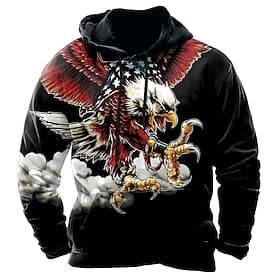 Tag der Unabhängigkeit Herren Amerikanische US-Flagge Adler Kapuzenshirts Pullover Lässig Langarm Rundhalsausschnitt Mit Kapuze Ferien Jagd Schwarz Kordelzug G