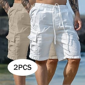 Men's Shorts Linen Shorts Summer Shorts Beach Shorts Drawstring Elastic Waist Multi Pocket Plain Knee Length Outdoor Holiday Beach Vacation Hawaiian WhiteSky B