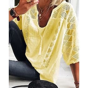 Damen Pointelle-Shirt Oberteil mit Ösen Bluse Spitzentops Spitze Einfach Stilvoll Modern Dreiviertelarm V Ausschnitt Normale Oberteile Lässig Täglich Strand Sc
