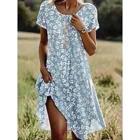 Femmes Mini Robe Robe d'Été Robe T-Shirt Vacances Occasionnel Sortir Coupe régulière Fleuri Graphique Manche Courte Col en V Bleu Violet Vert Été