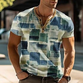 Men's Geometric Abstract T Shirt Henley Shirt Short Sleeve Designer Modern Henley Casual Daily Street Summer Spring Blue Henley Henley T-Shirt